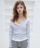 Letters Button Heart Neck T-Shirt