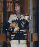 Rose Flower Jacquard Knit Wool Zip-up