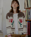 Rose Flower Jacquard Knit Wool Zip-up