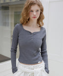 Letters Button Heart Neck T-Shirt