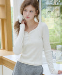 Letters Button Heart Neck T-Shirt