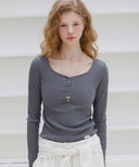 Letters Button Heart Neck T-Shirt
