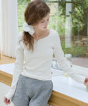 Letters Button Heart Neck T-Shirt