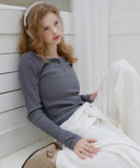 Letters Button Heart Neck T-Shirt
