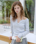 Letters Button Heart Neck T-Shirt