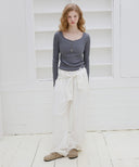Letters Button Heart Neck T-Shirt