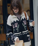 Rose Flower Jacquard Knit Wool Zip-up