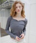 Letters Button Heart Neck T-Shirt
