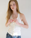 [Navy/Cream 予約販売/5月上旬入荷]Letters Lace Button Halterneck Top