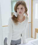 Letters Button Heart Neck T-Shirt