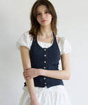 [Navy/Cream 予約販売/5月上旬入荷]Letters Lace Button Halterneck Top