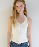 [Navy/Cream 予約販売/5月上旬入荷]Letters Lace Button Halterneck Top