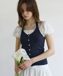 [Navy/Cream 予約販売/5月上旬入荷]Letters Lace Button Halterneck Top