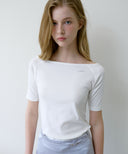 Letters Semi Off-Shoulder Elbow Sleeve T-Shirt
