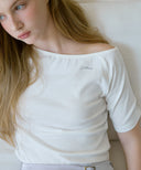 Letters Semi Off-Shoulder Elbow Sleeve T-Shirt
