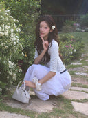 Letters Button Heart Neck 3/4 Sleeve T-Shirt