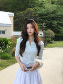 Letters Button Heart Neck 3/4 Sleeve T-Shirt