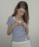 Letters Button Heart Neck Short Sleeve T-shirt