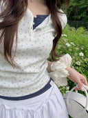 Letters Button Heart Neck 3/4 Sleeve T-Shirt
