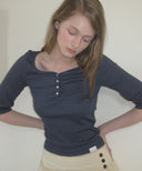 Letters Button Heart Neck 3/4 Sleeve T-Shirt
