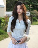 Letters Button Heart Neck 3/4 Sleeve T-Shirt