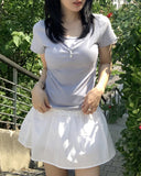 Letters Button Heart Neck Short Sleeve T-shirt