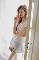 [White/Sky Blue M 6月上旬予約販売] River Lace Flare Skirt