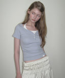 Letters Button Heart Neck Short Sleeve T-shirt