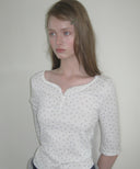 Letters Button Heart Neck 3/4 Sleeve T-Shirt