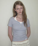 Letters Button Heart Neck Short Sleeve T-shirt