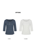 Letters Button Heart Neck 3/4 Sleeve T-Shirt