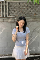 Letters Button Heart Neck Short Sleeve T-shirt