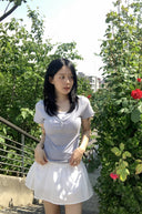 Letters Button Heart Neck Short Sleeve T-shirt
