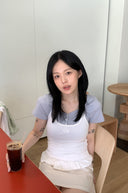 Letters Button Heart Neck Short Sleeve T-shirt