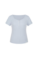 Letters Button Heart Neck Short Sleeve T-shirt